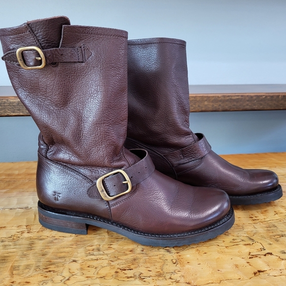 Frye Veronica Brown Leather Buckle Short Moto Slouchy Boots Women's Size 8.5 - Picture 3 of 13